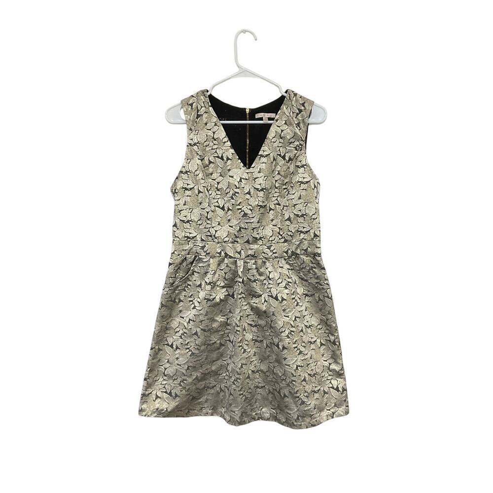 Under Skies Gold Leaves Cocktail Mini Dress Sz Large Sleeveless V-Neck Metallic